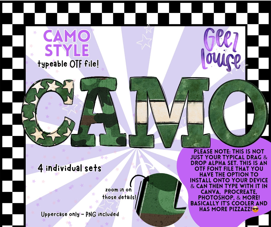 Camo Style (4 sets) - TYPEABLE OTF Font - Alpha Set - Digital Download- PNG