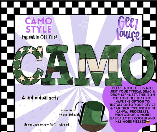 Camo Style (4 sets) - TYPEABLE OTF Font - Alpha Set - Digital Download- PNG
