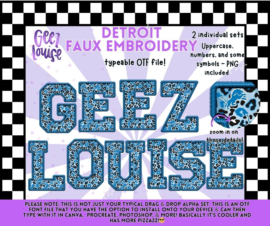 Detroit Faux Embroidery Typeable OTF Alpha Font + PNG Sets