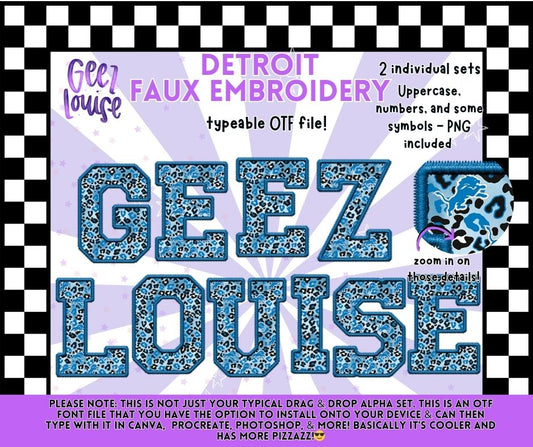 Detroit Faux Embroidery Typeable OTF Alpha Font + PNG Sets