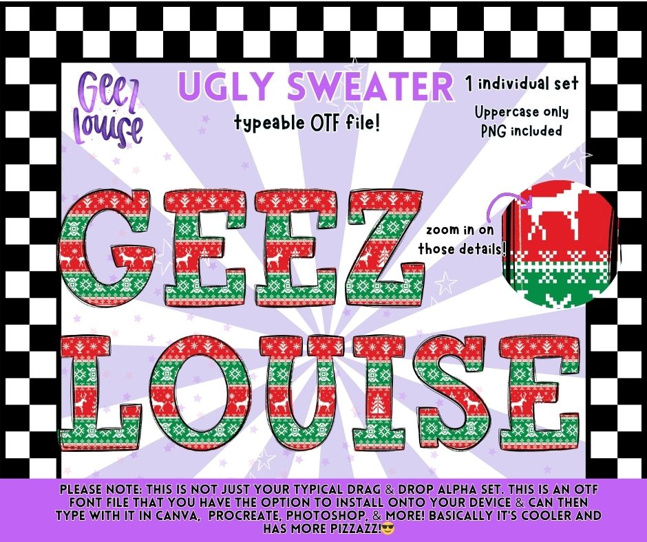 Ugly Sweater Alpha – Christmas Pattern OTF Font with PNG Letters (Uppercase)