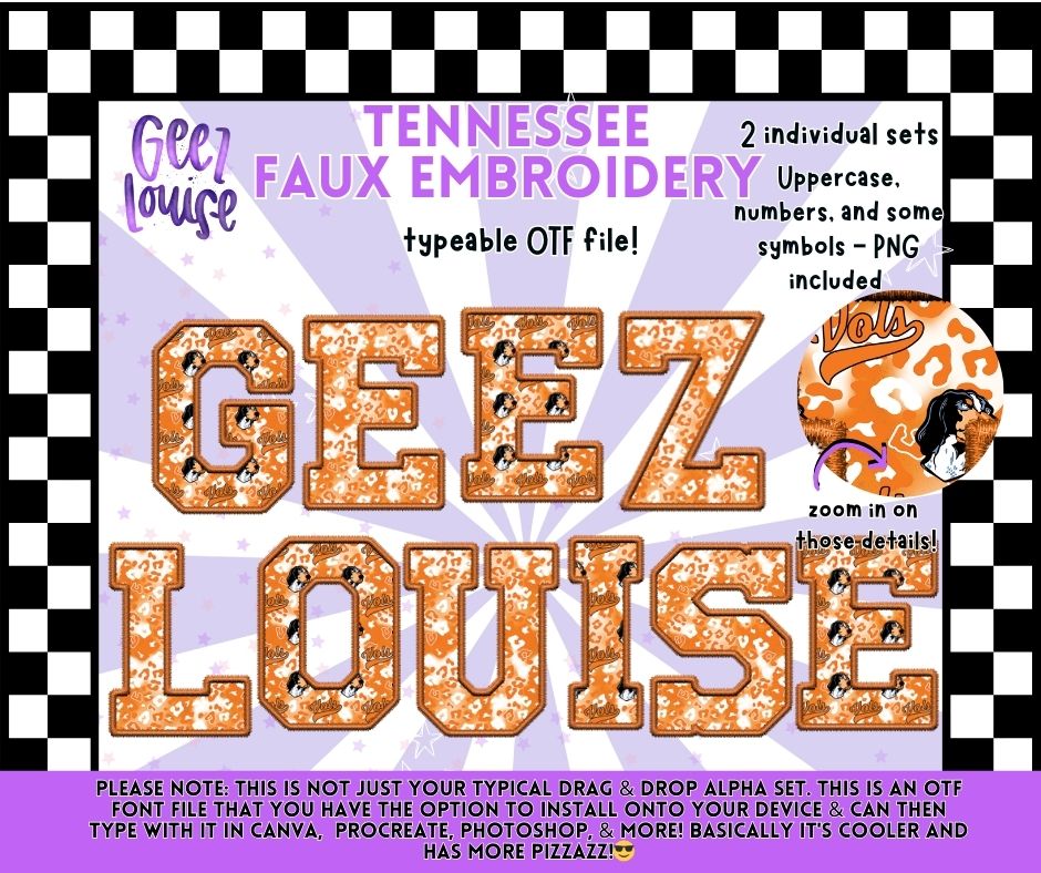 Tennessee Faux Embroidery Typeable OTF Alpha Font + PNG Sets