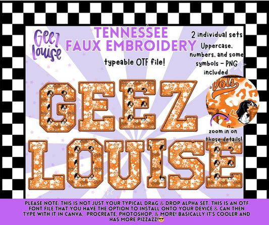 Tennessee Faux Embroidery Typeable OTF Alpha Font + PNG Sets