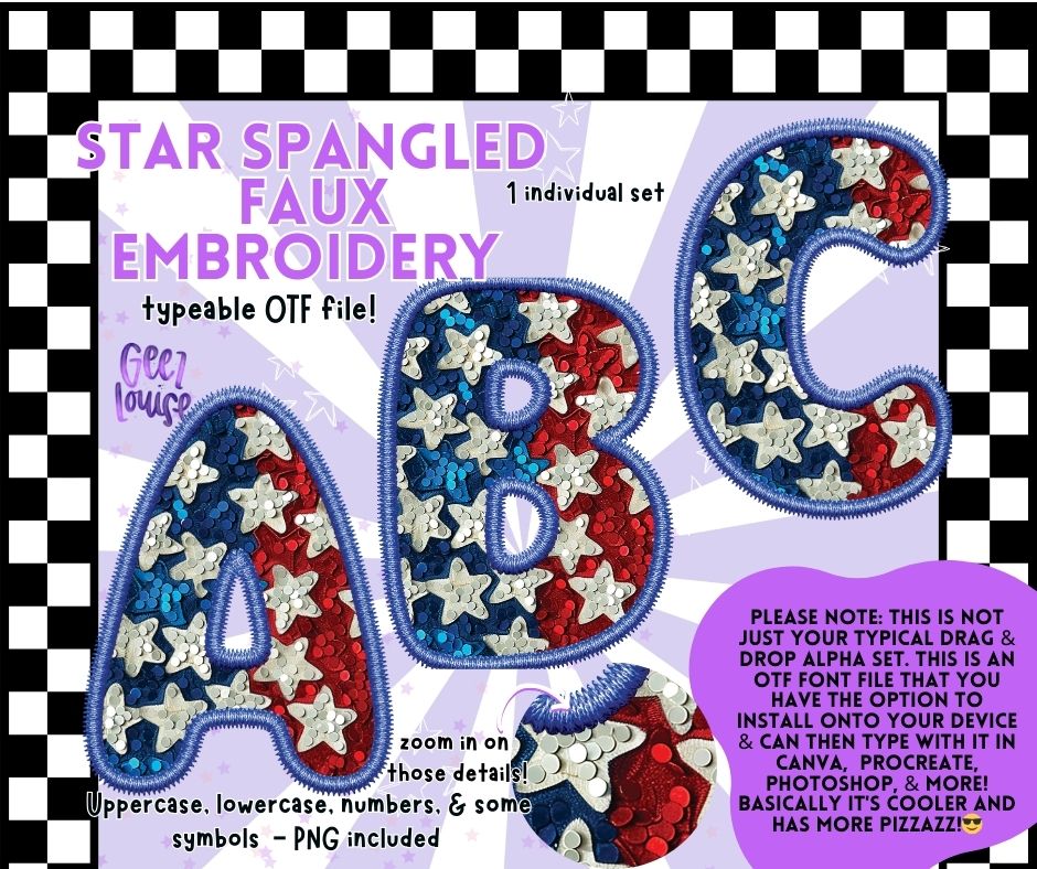 Star Spangled faux embroidery - TYPEABLE OTF Font - Alpha Set - Digital Download- PNG