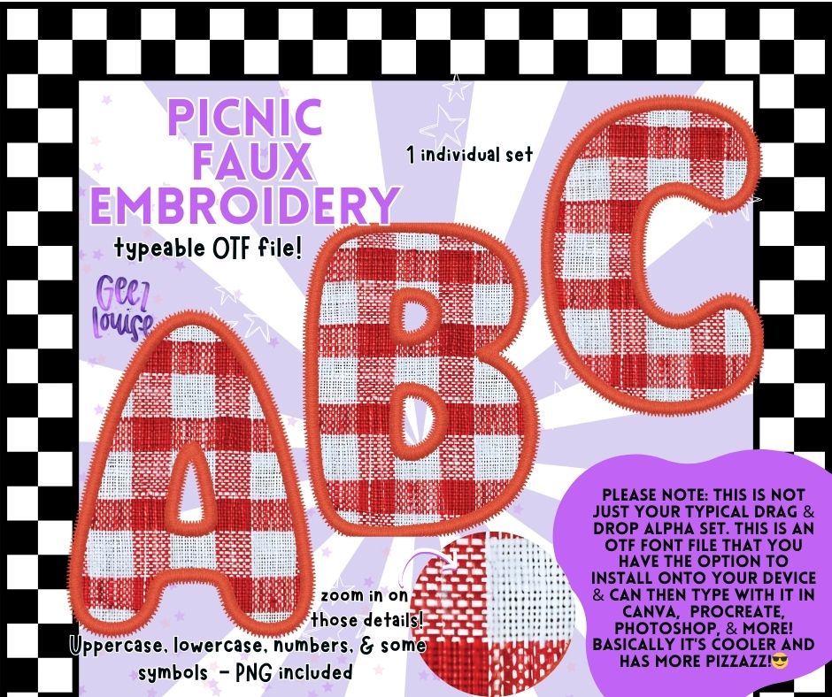 Picnic faux embroidery - TYPEABLE OTF Font - Alpha Set - Digital Download- PNG