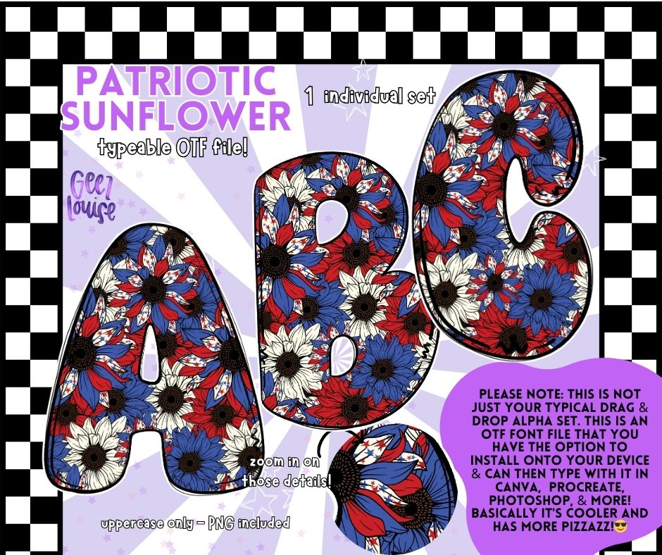 Patriotic Sunflower - Red White Blue Floral OTF Font + PNG Alpha Set