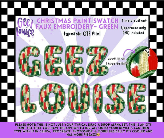 Christmas Paint Swatch Faux Embroidery Alpha – Green OTF Font + PNG Set