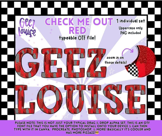 Check Me Out (Red) – Typeable OTF Alpha Set (Uppercase + PNG)