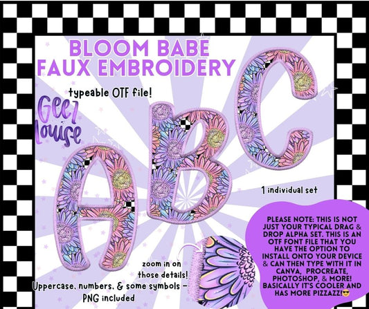 Bloom Babe Faux Embroidery Alpha – Pastel Floral OTF Font + PNG