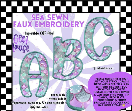 Sea Sewn Faux Embroidery Alpha – Mermaid-Inspired OTF Font + PNG Set