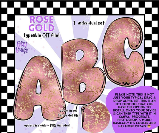 Rose Gold Alpha – Metallic Glitter Bubble OTF Font + PNG Set