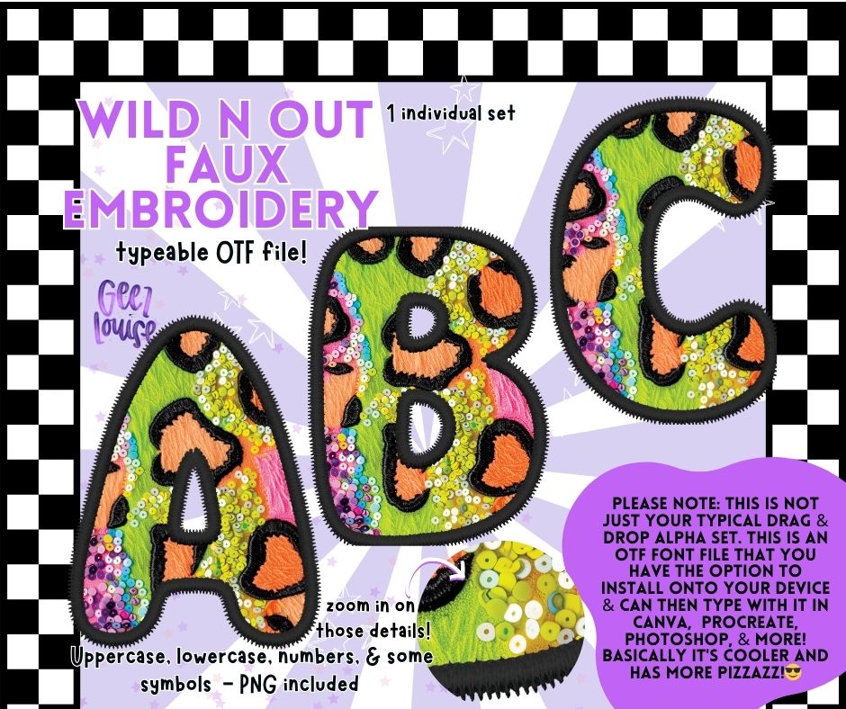 Wild N Out faux embroidery - TYPEABLE OTF Font - Alpha Set - Digital Download- PNG