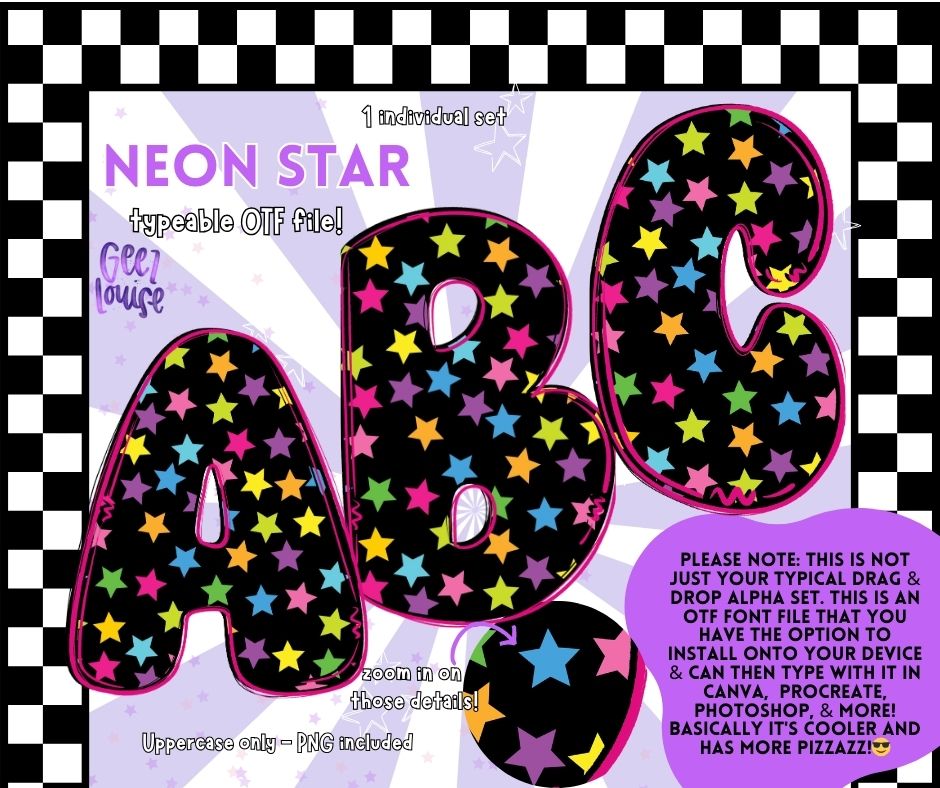 Neon star - TYPEABLE OTF Font - Alpha Set - Digital Download- PNG