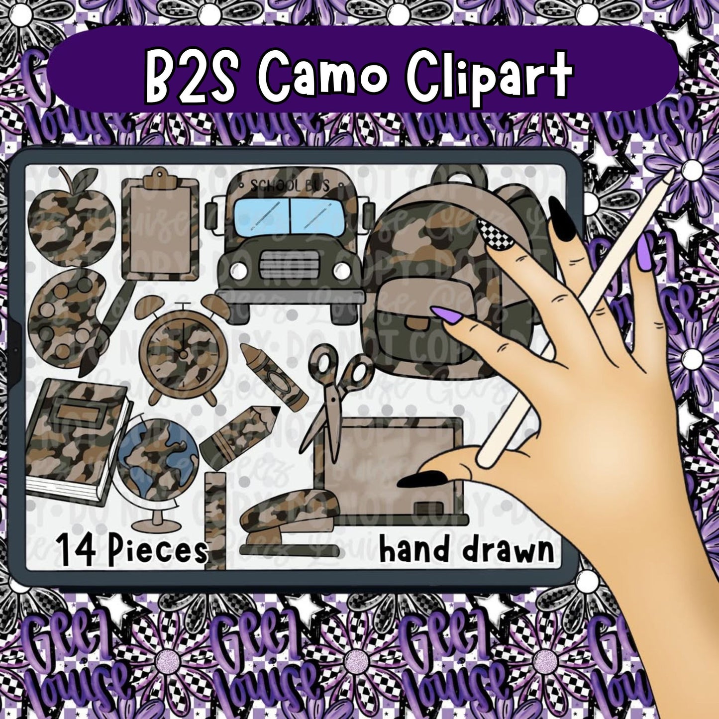 B2S Camo Clipart Set  | 14 Piece School Bundle |
