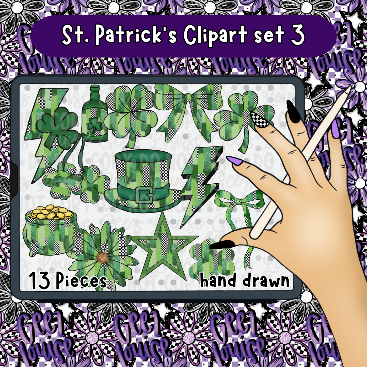 St. Patrick’s Clipart Set 3 | Hand-Drawn Green PNG Clipart | Digital Download