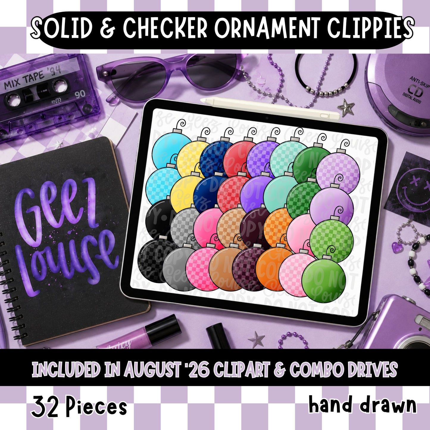 Solid & Checker Christmas Ornament Clipart PNG Bundle | Hand Drawn Ornament Clipart | 32 PNGs | August '26 Clipart Drive