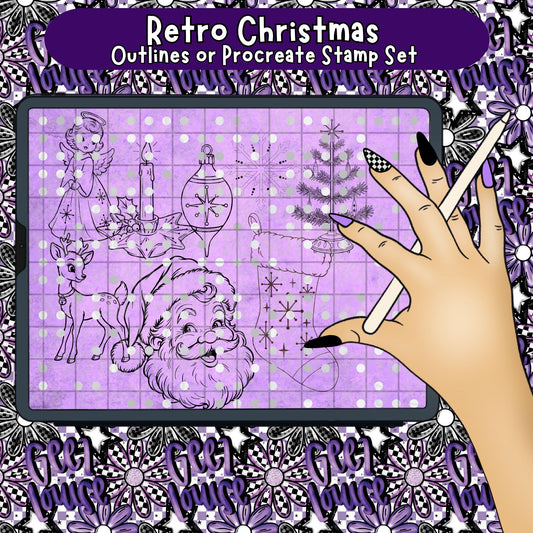 Retro Christmas Outlines | PNG Line Art or Procreate Stamp Set