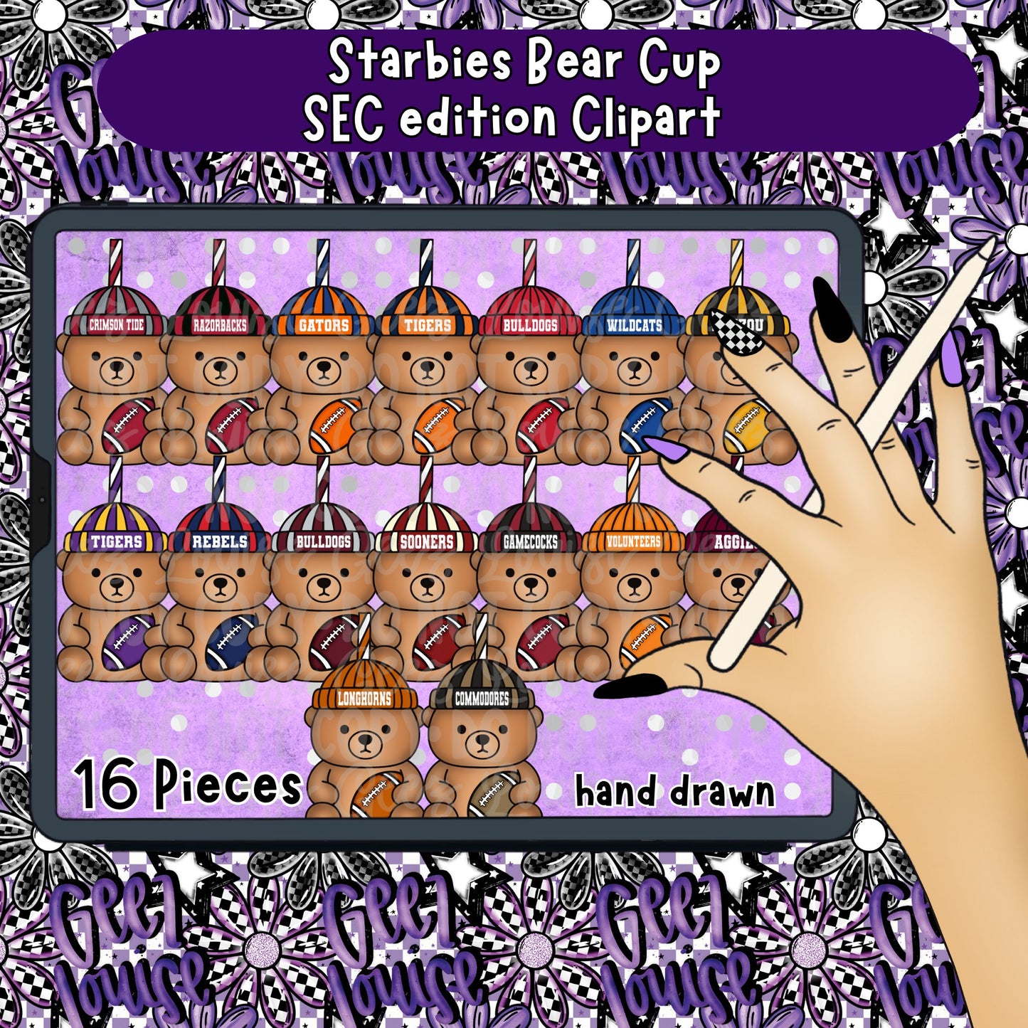 Starbies Bear Cup Football Clipart Bundle | 16 Piece Digital PNG Set