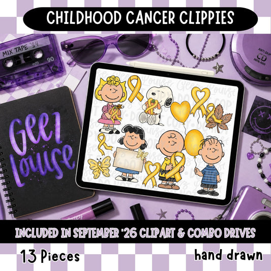 Childhood Cancer Awareness Clipart Bundle | 13 Piece Gold Ribbon Character PNG Set | September 26 Clipart & Combo Drives