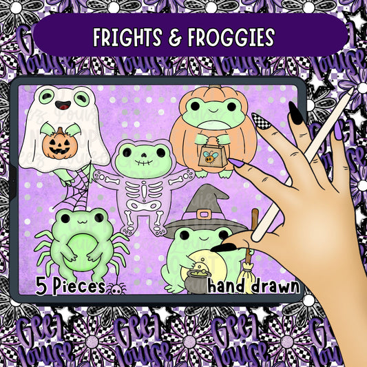 Frights & Froggies Halloween Clipart | Cute Spooky Frog PNG Bundle | Hand Drawn Ghost Frog Clipart