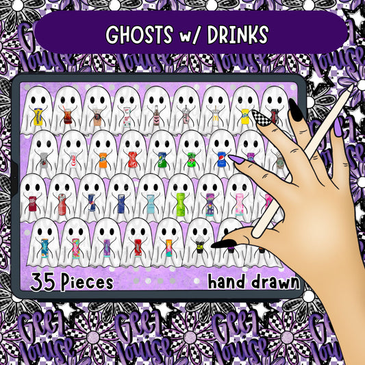 Ghosts with Drinks Clipart | Halloween Ghost PNG Bundle | 35 Hand Drawn Ghost PNGs | Spooky Clipart | Digital Download