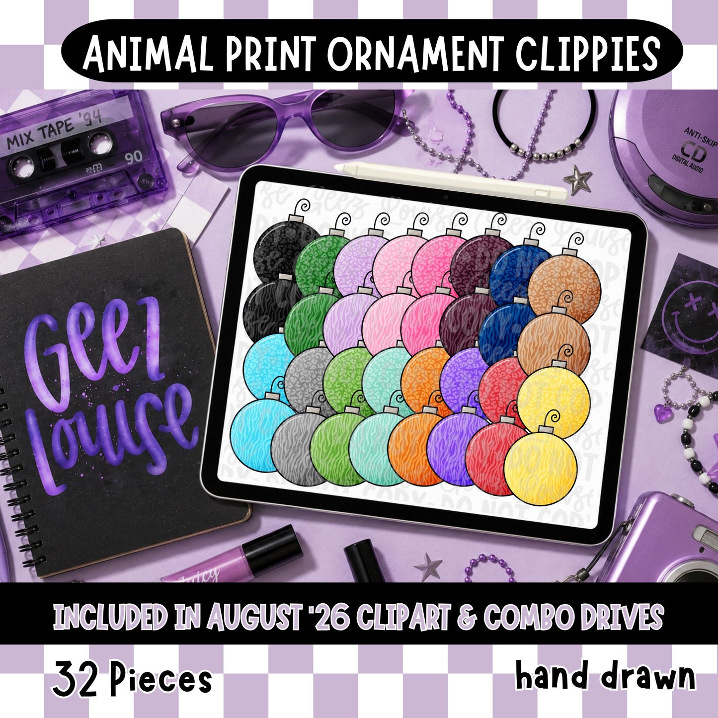 Animal Print Ornament Clipart PNG Bundle | Hand Drawn Christmas Ornament Clipart | 32 PNGs | August '26 Clipart Drive