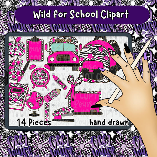 Wild for School Clipart Bundle | School Supply PNG Set | Trendy Back to School Graphics (14 Piece)