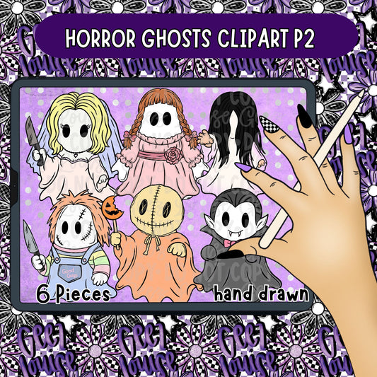 Horror Ghosts Clipart Part 2 | Hand Drawn Cute Spooky Ghost PNG Bundle | Halloween Character Clipart