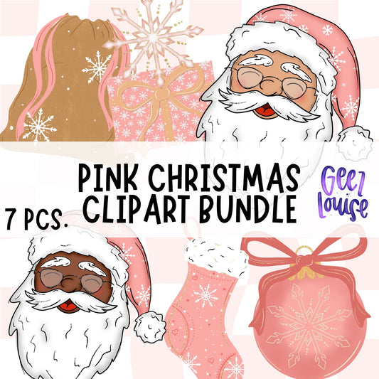 Pink Christmas Clipart Bundle | Pink Santa & Holiday PNGs | 7 Piece Hand Drawn Set