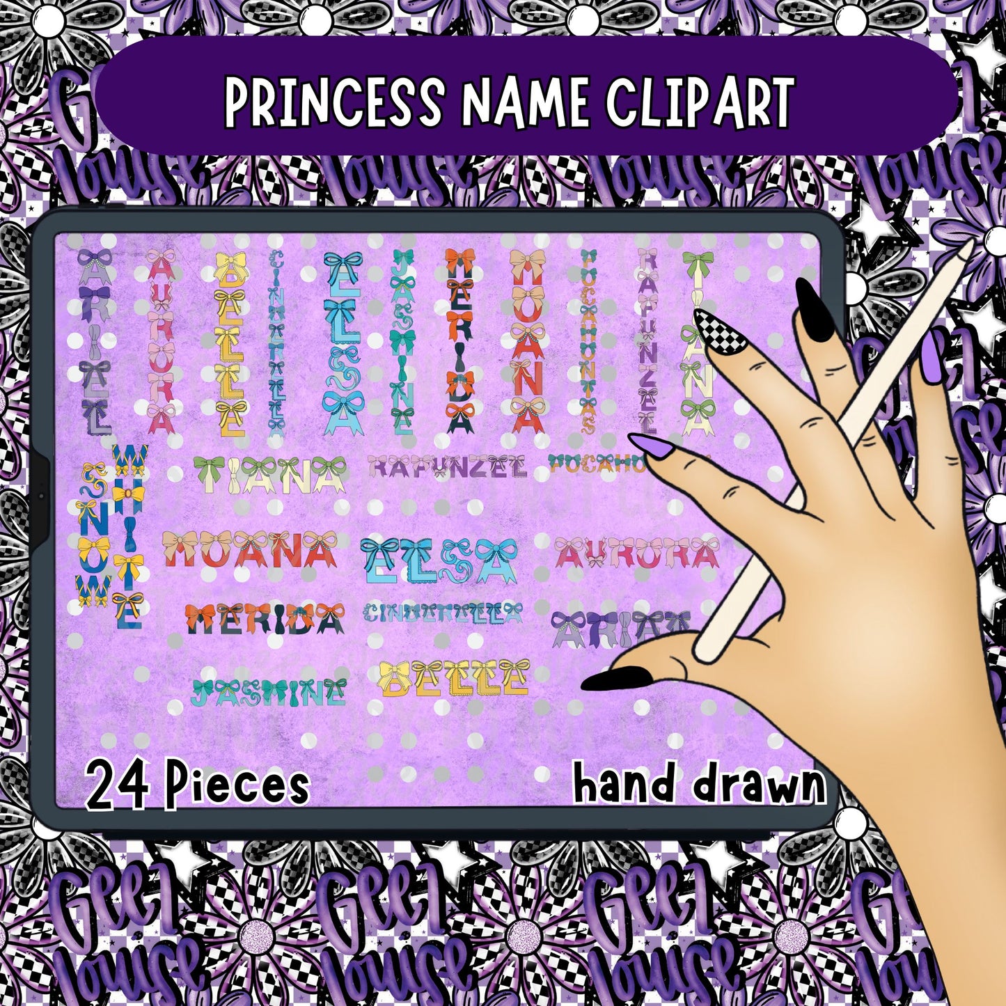 Princess Name Clipart Bundle | 24 Hand Drawn Princess Name PNGs | Fairytale Sublimation Clipart | Digital Download