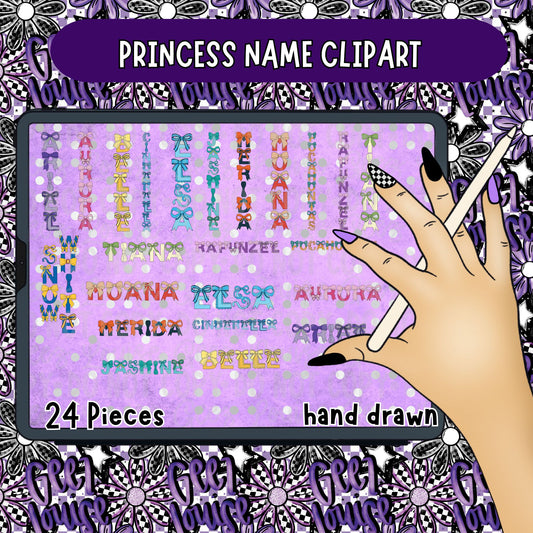 Princess Name Clipart Bundle | 24 Hand Drawn Princess Name PNGs | Fairytale Sublimation Clipart | Digital Download