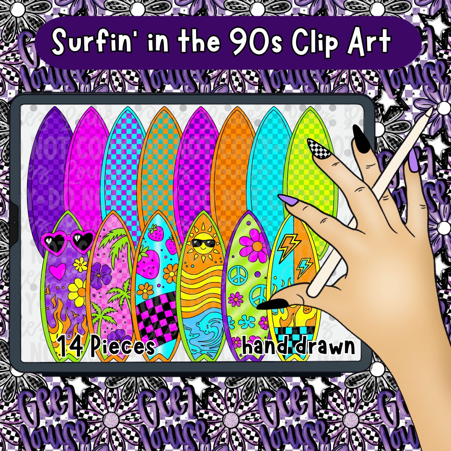 Surfin’ in the 90s Clipart Bundle | Retro Surfboard PNG Set | Neon Beach Aesthetic Graphics (14 Pieces)
