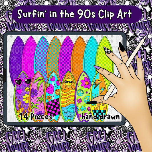 Surfin’ in the 90s Clipart Bundle | Retro Surfboard PNG Set | Neon Beach Aesthetic Graphics (14 Pieces)