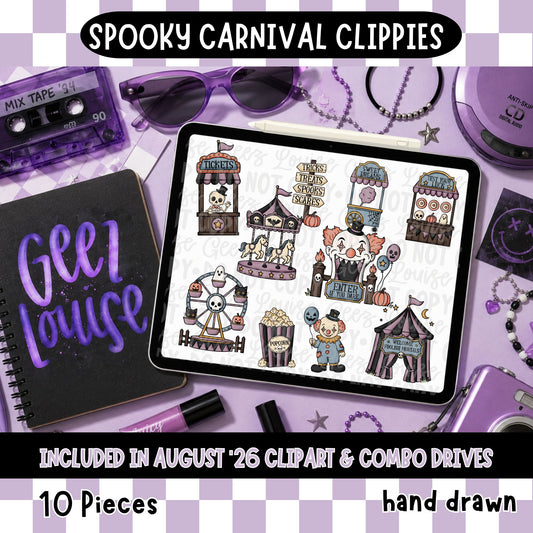 Spooky Carnival Clipart Bundle PNG | Halloween Carnival Clip Art | Hand Drawn Halloween Graphics | August 26 Clipart Drive