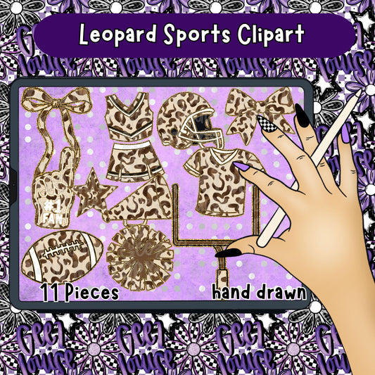 Leopard Sports Clipart PNG Bundle | Trendy Football & Cheer Clipart Set