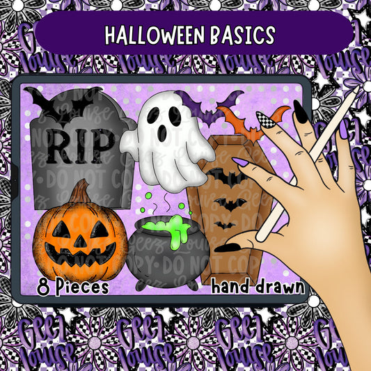 Halloween Basics Clipart | Halloween PNG Bundle | 8 Hand Drawn Halloween PNGs | Ghost Pumpkin Bat Clipart | Digital Download