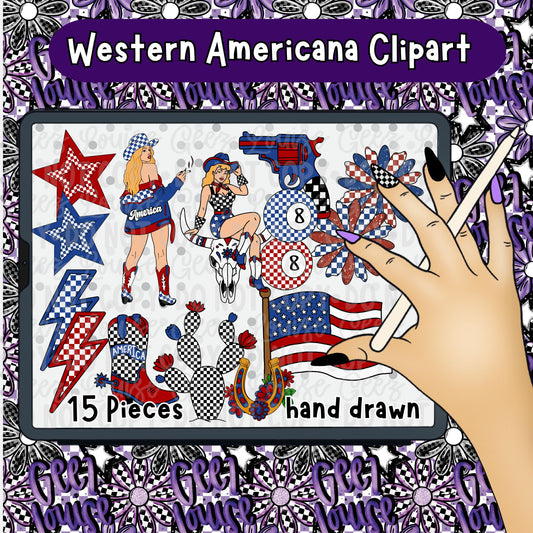 Western Americana Clipart Bundle PNG | Patriotic Cowgirl Graphics | Red White Blue Western Clipart Set | Hand Drawn 4th of July Elements