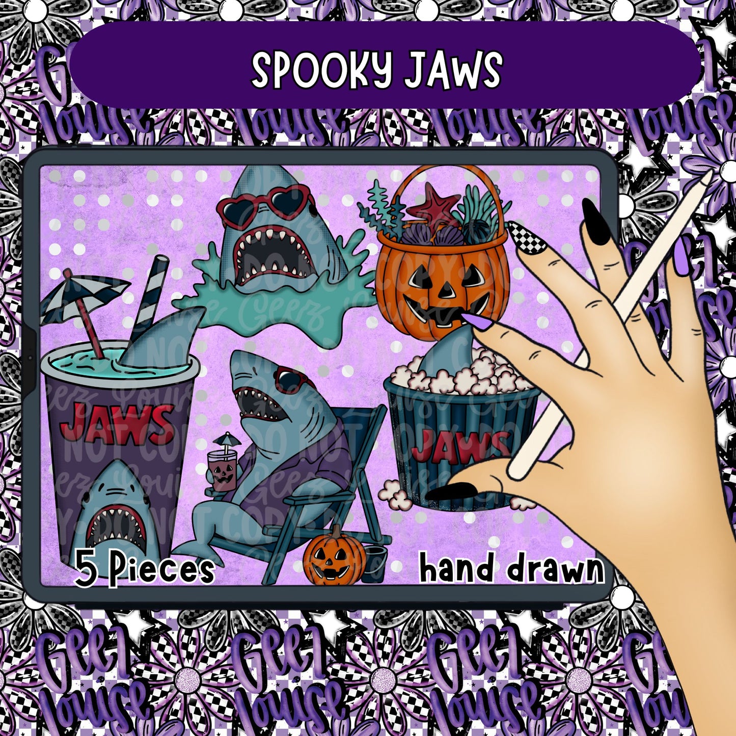 Spooky Shark Clipart | Halloween Shark PNG Bundle | 5 Hand Drawn Shark PNGs | Summerween Clipart | Digital Download