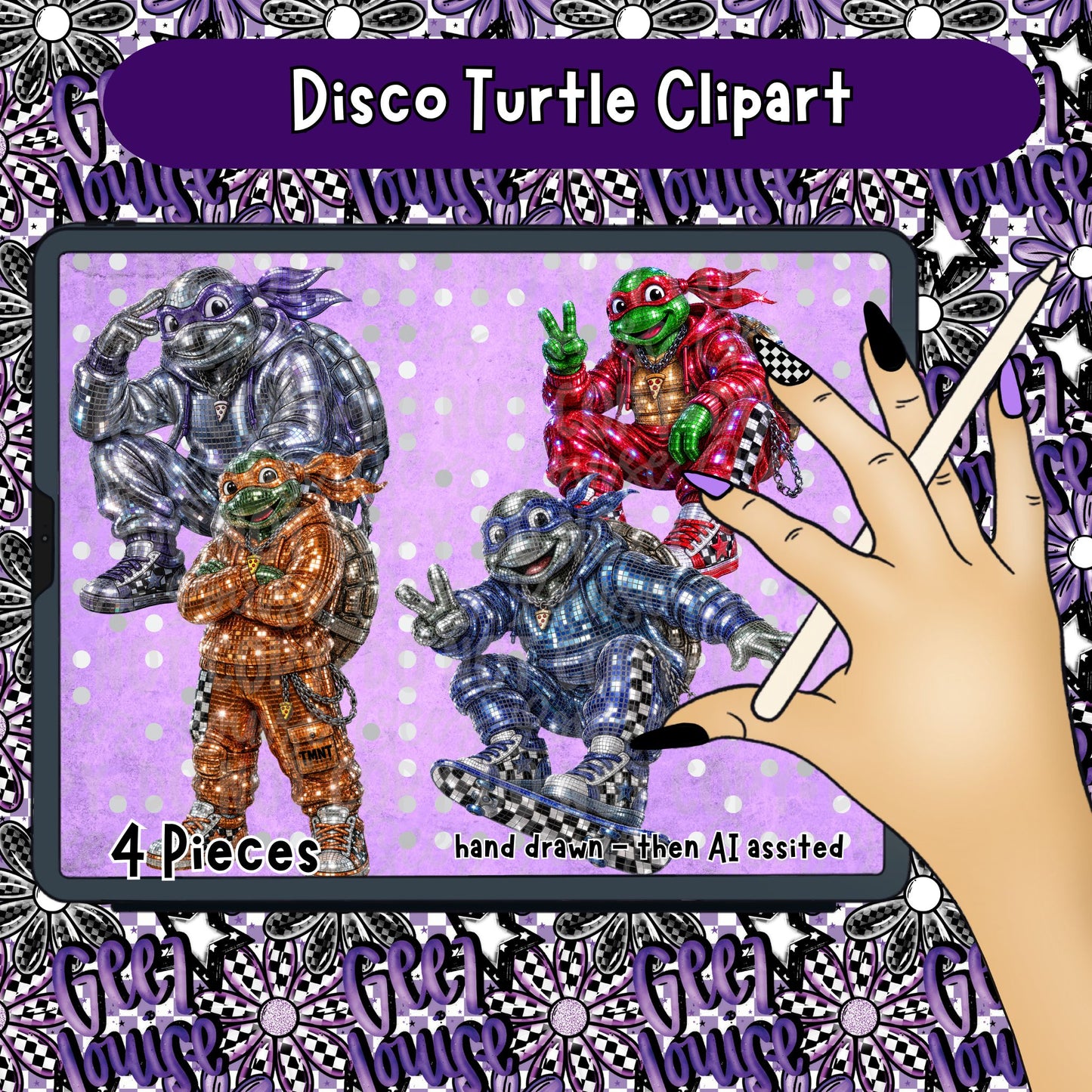 Disco Turtle Clipart Bundle | 4 Piece Digital PNG Set