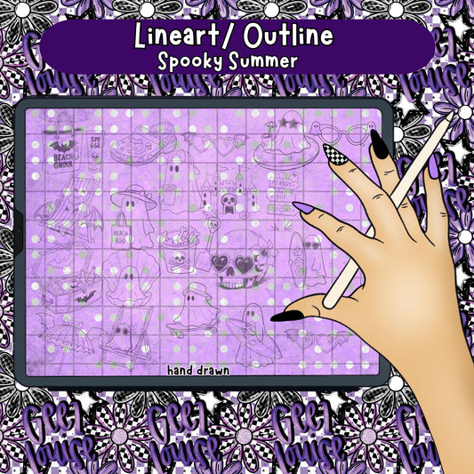 Spooky Summer Line Art & Outline Clipart Bundle | Hand Drawn Digital Set
