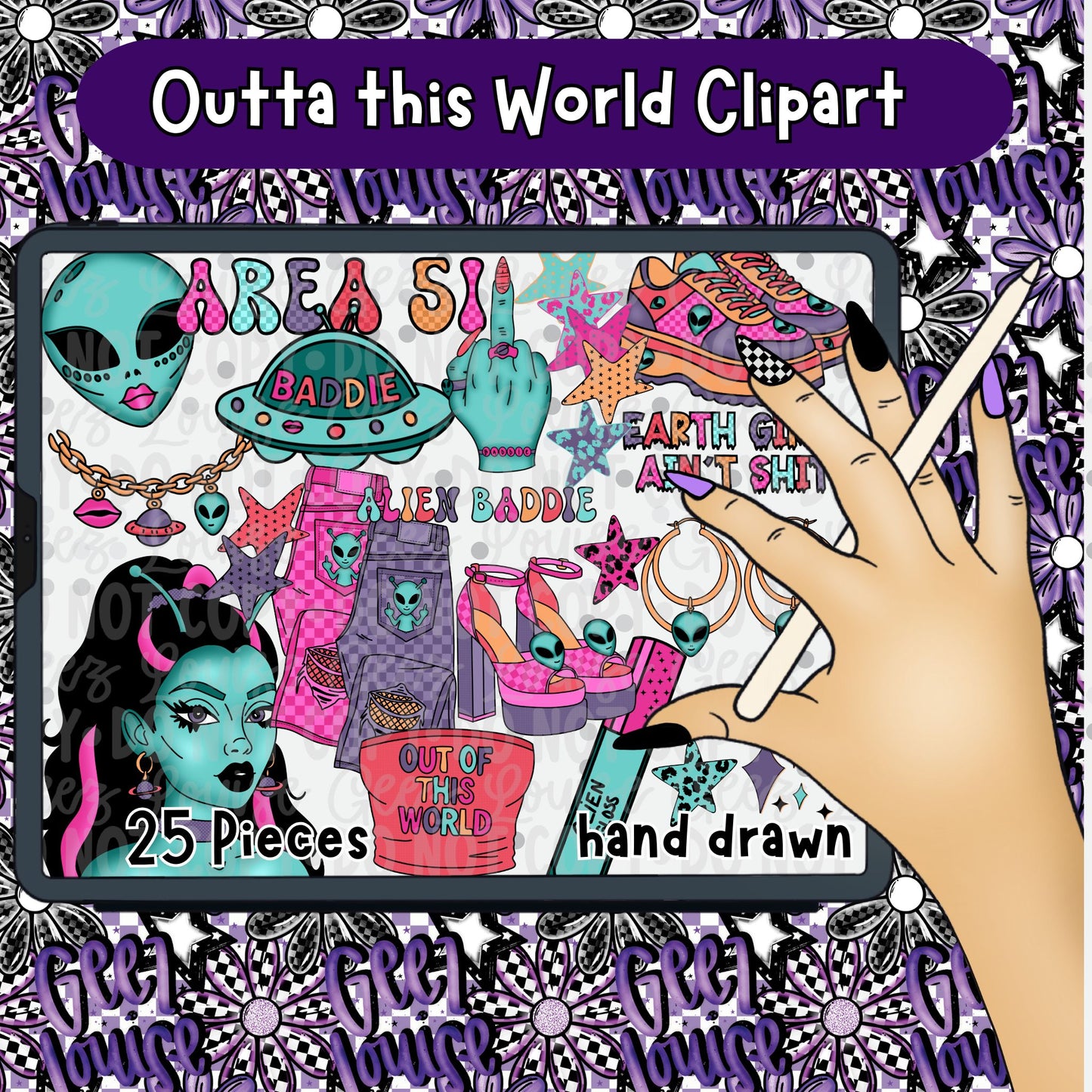 Outta This World Clipart Bundle | Alien Baddie PNG Set | Space Aesthetic Digital Graphics (25 Pieces)