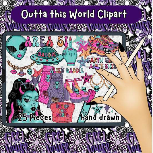 Outta This World Clipart Bundle | Alien Baddie PNG Set | Space Aesthetic Digital Graphics (25 Pieces)