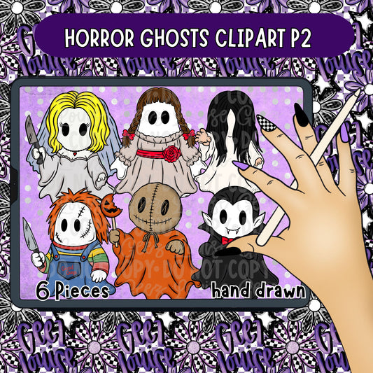 Horror Ghosts Clipart Part 2 | Hand Drawn Cute Halloween Ghost PNG Bundle | Spooky Character Clipart Set