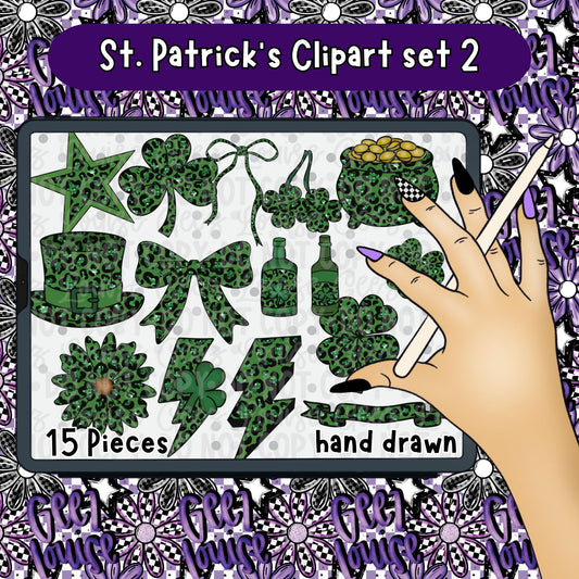 St. Patrick’s Day Clipart Set 2 | Hand-Drawn Leopard Shamrock PNGs | 15 Pieces