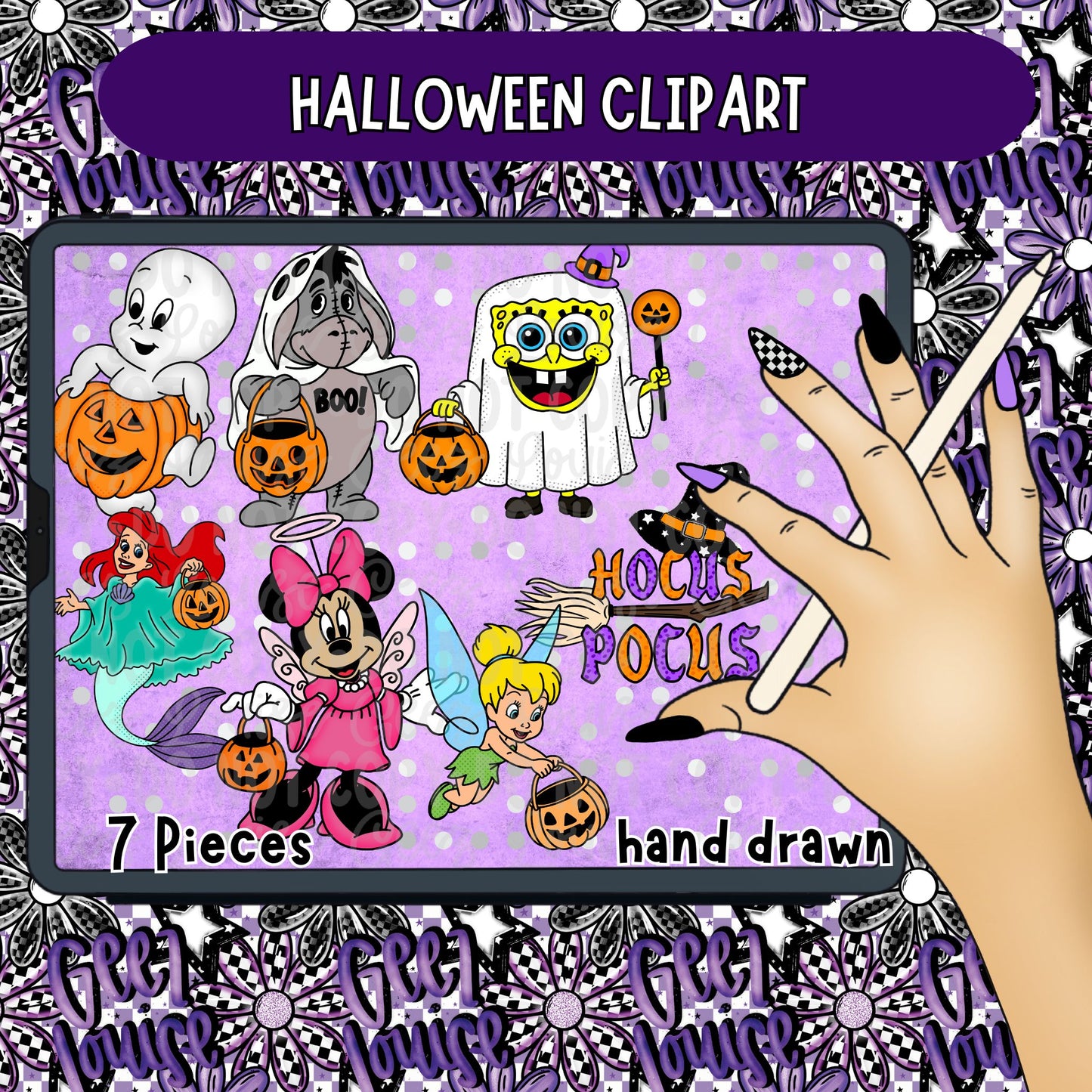Halloween Character Clipart Bundle | 7 Hand Drawn Spooky PNG Designs | Cute Ghost Halloween Sublimation Clipart