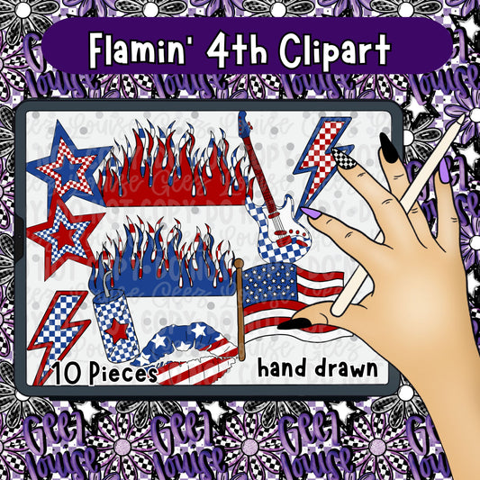 Flamin’ 4th Clipart Bundle PNG | Patriotic Fire Flame Graphics | Red White Blue Clipart Set | Hand Drawn 4th of July Elements