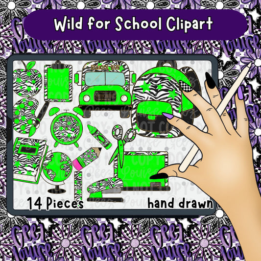 Wild for School Clipart Bundle | School Supply PNG Set | Trendy Back to School Graphics (14 Pieces)