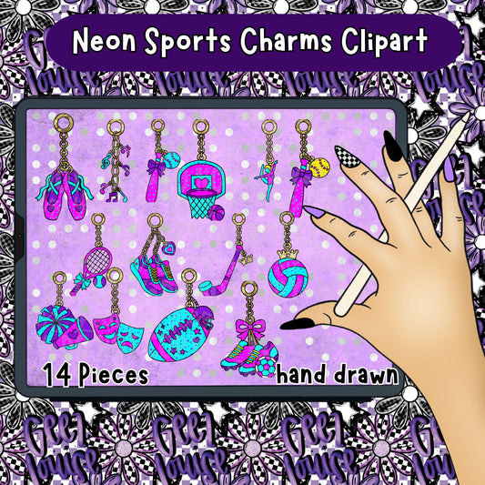 Neon Sports Charms Clipart | Retro Athletic PNG Bundle