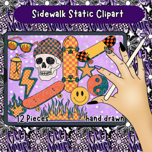 Sidewalk Static Clipart | Retro Skateboard PNG Bundle