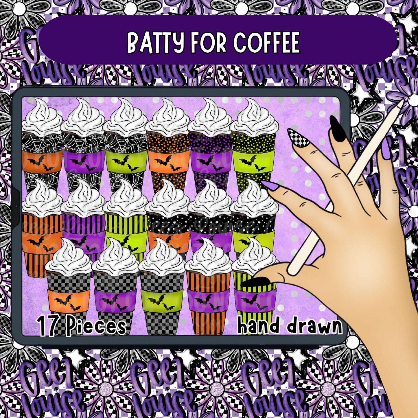 Batty for Coffee Halloween Clipart PNG Bundle | 17 Hand Drawn Spooky Coffee Cups | Sublimation & Commercial Use